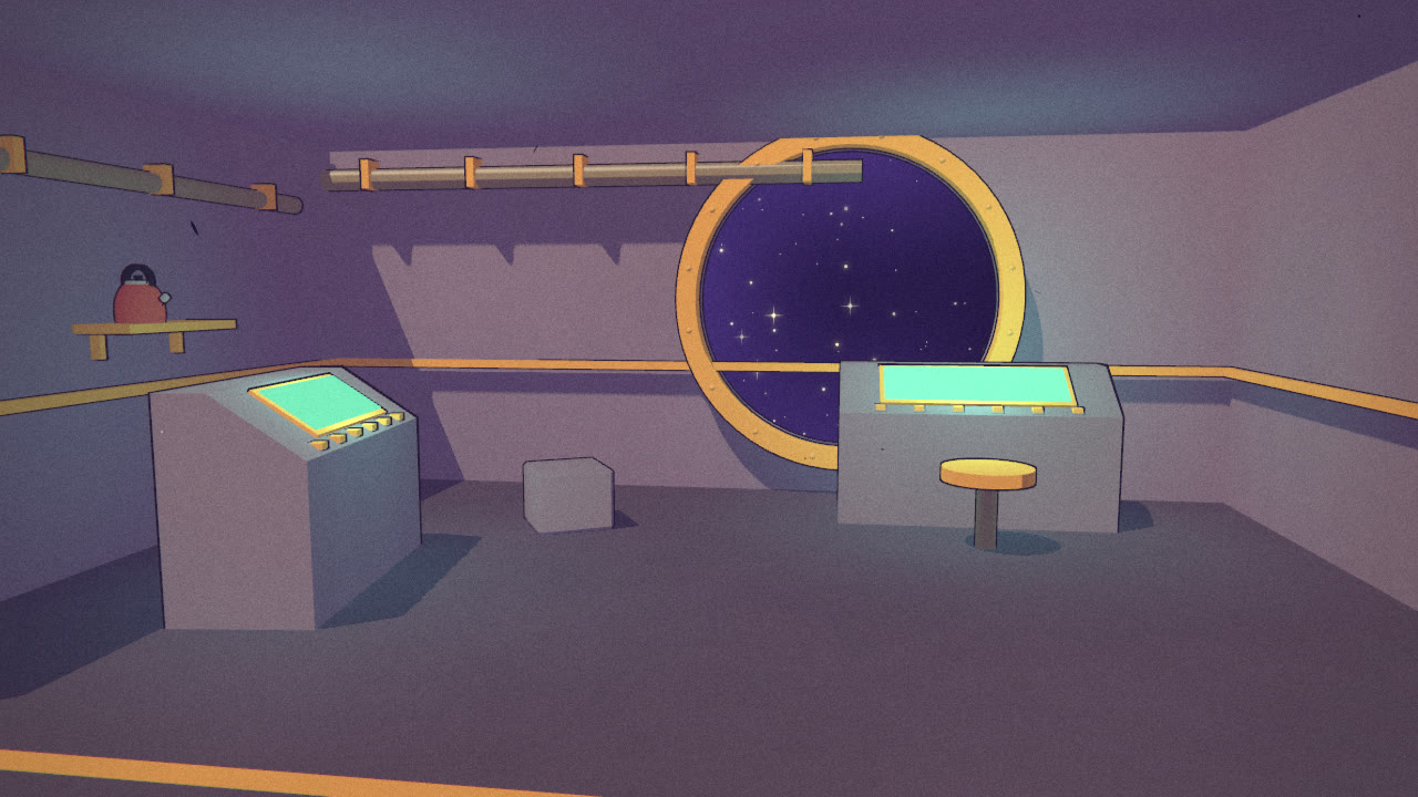 A generated spaceship bridge with two consoles, a round porthole full of stars, pipes and a kettle on a shelf.